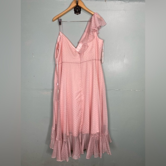 Mac Duggal Ruffle High‎ Low Polka Dot Midi Dress Pink Barbie Sleeveless Sz 16 - Picture 3 of 5